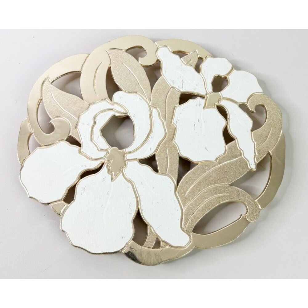 VTG William Rogers Metal Gold & Cream Trivet Iris Floral Japan 8.5x7.5 GUC
